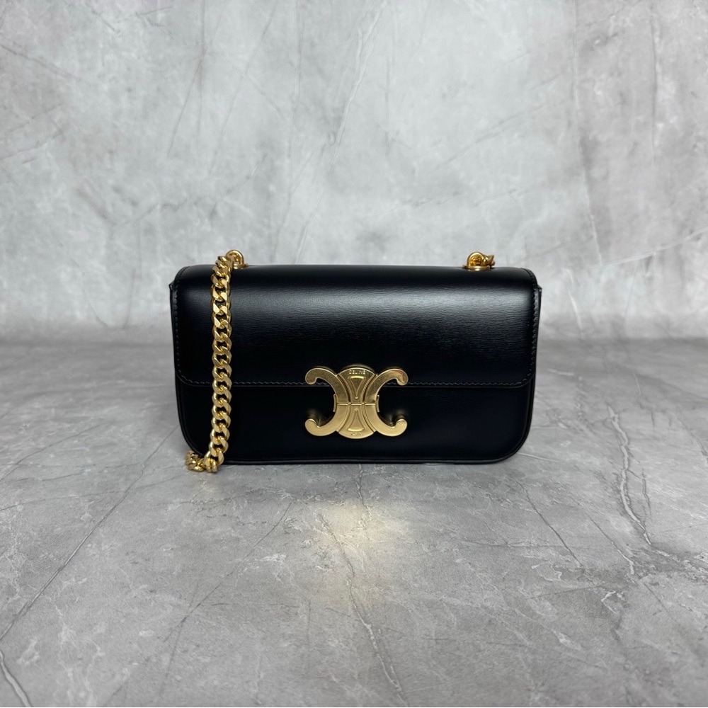 Celine Black Leather Shoulder Bag with Gold Chain
